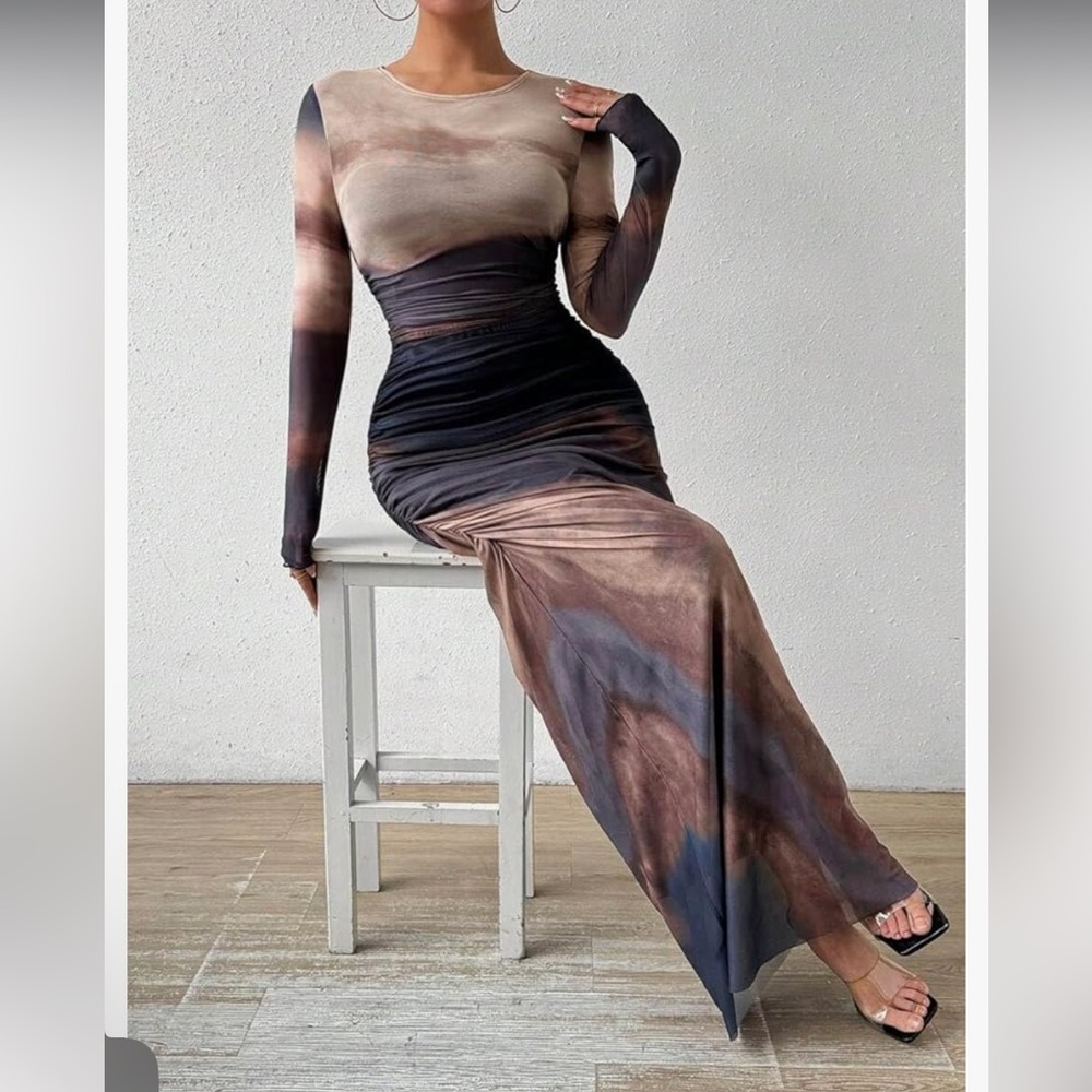 Tie-Dye Maxi Dress Sheer Mesh Swimsuit Coverup Size XL Stretchy Long Sleeves - Picture 5 of 13